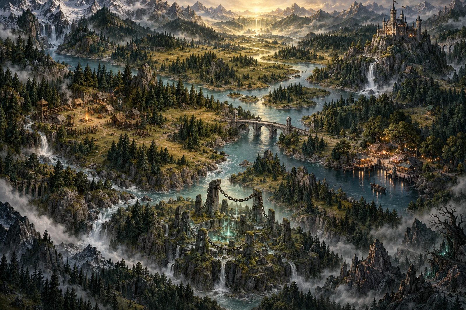 An illustrated atlas of DogeHood's world: forest trails, a woodland camp, a stone bridge, a castle, a moonlit market, ancient chain ruins, and a distant frontier.
